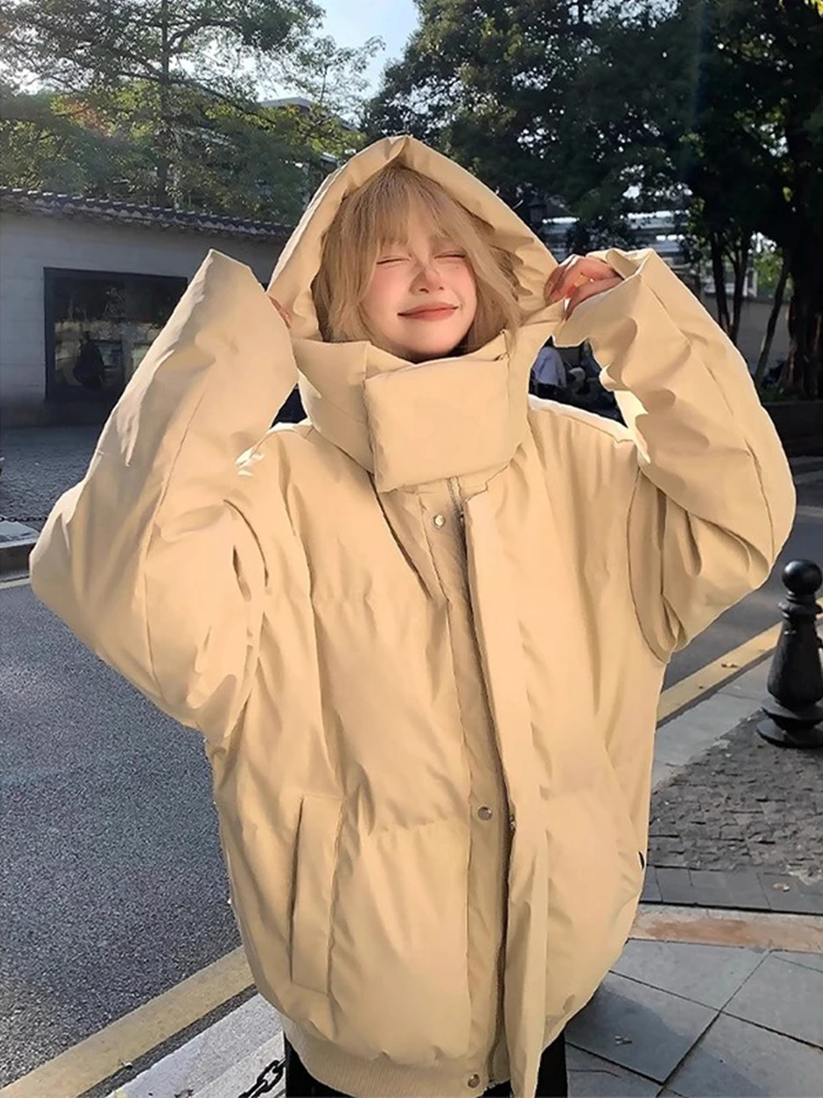 

Thickened American Style Hooded Duck down Cotton Jacket Men Women Winter Warm Stand Collar Anti Cold Cotton Outerwear Trendy