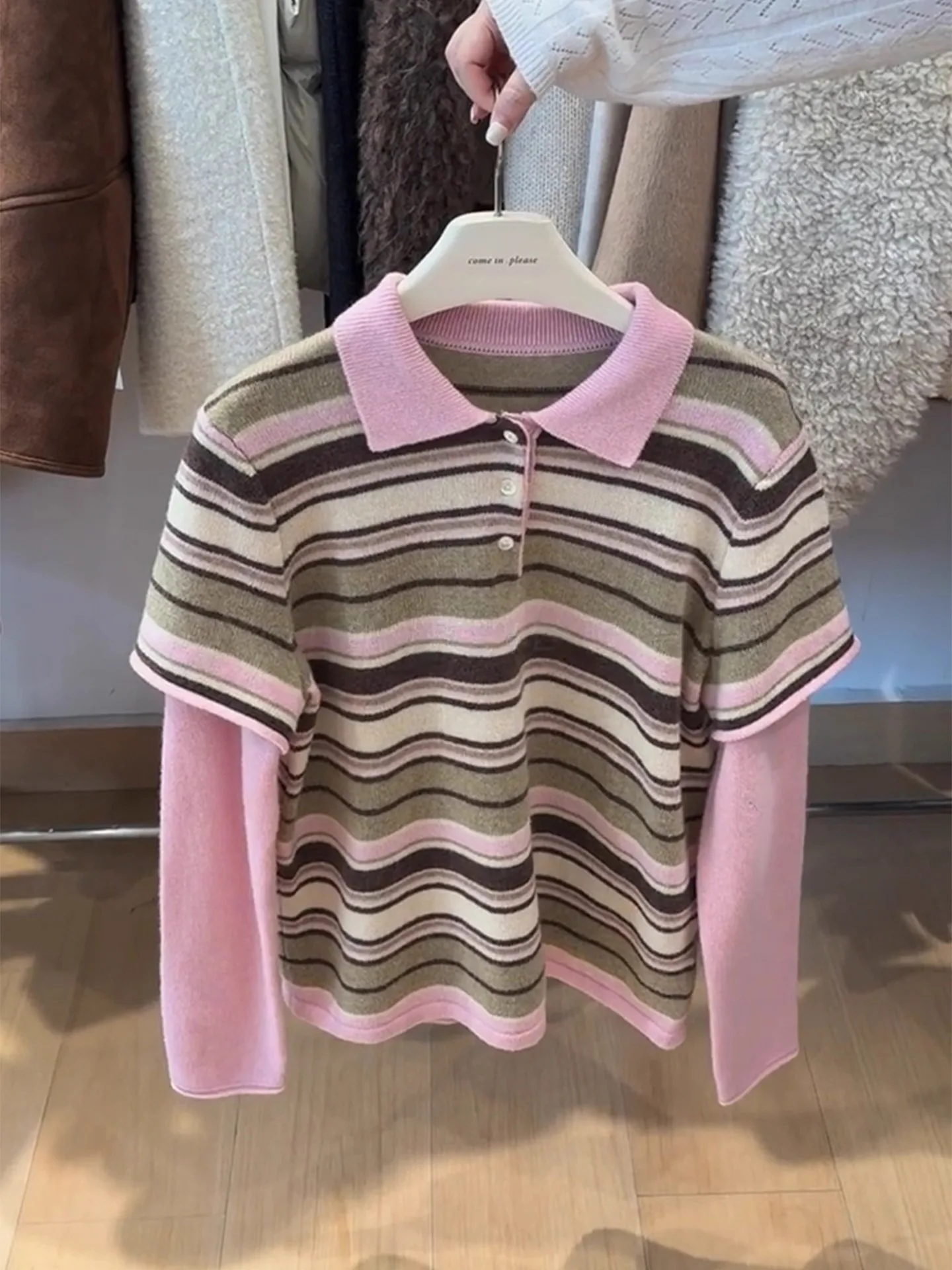 

Color Block Neck Striped Long Sleeve Knitted Top Women's Spring Autumn Unique Design False Two-Piece Upper Body Korean S...