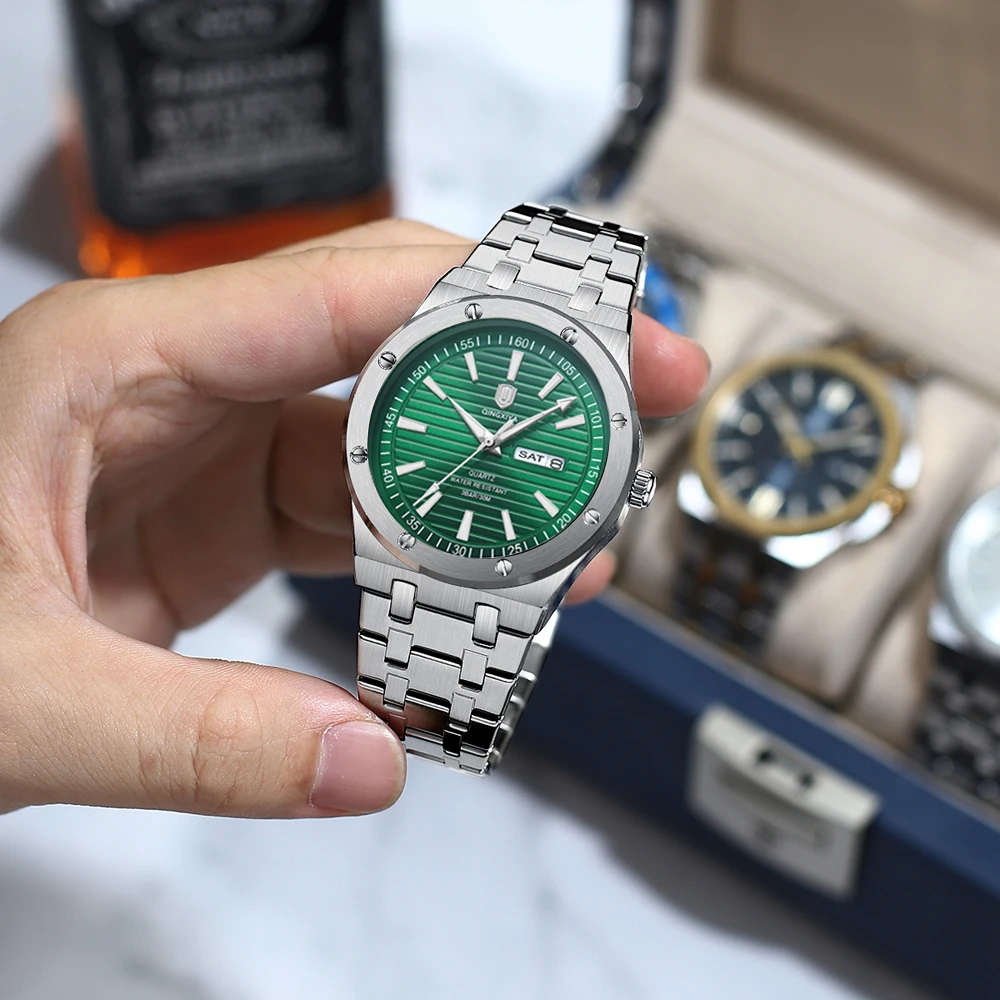 

QINGXIYA Роскошные кварцевые мужские наручные часы, спортивные мужские часы, водонепроницаемые светящиеся часы с датой недели, мужские часы из нержавеющей стали, мужские часы Reloj + коробка