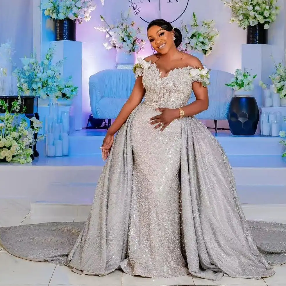Customized Off the Shoulder Shinny Beads Pearls   Wedding Dress with Removable Skirt Vestido De Novia Plus Size  Bridal Gowns