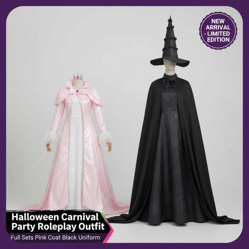 

❥SHENTON Wicked Glinda Elphaba Cosplay Costume Full Set Pink Coat Black Uniform Women Halloween Party Roleplay OutfitL&✿