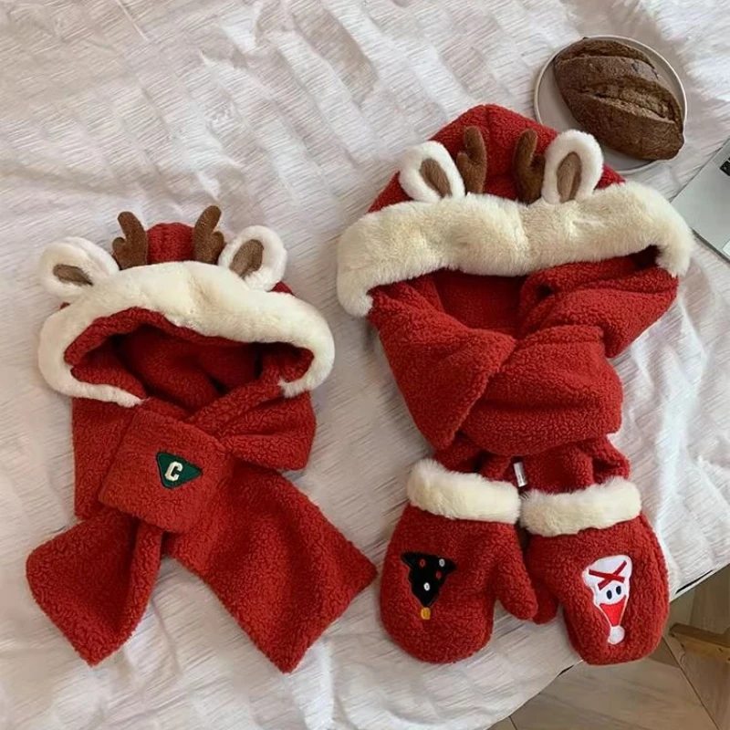 

Deer Antler Christmas Gift with Red Plush Hat Scarf Gloves Proof Ear Protection Winter Kawaii Animal Aesthetic Earflap Cap Y2k