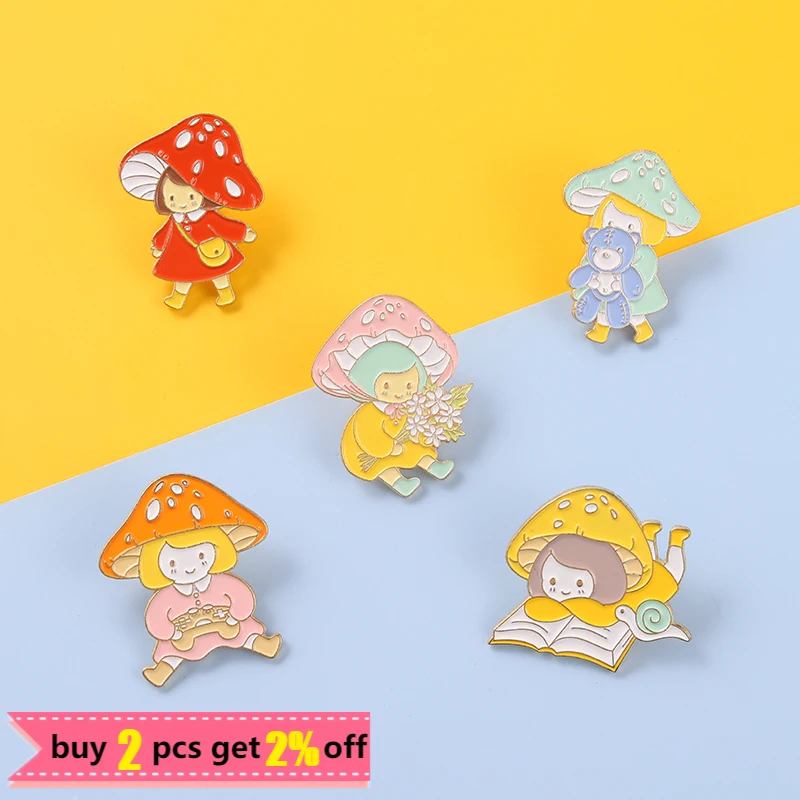 Mushroom Girls' Daily Enamel Pins Custom Kids Plant Brooches Lapel Badges Pin Bag Cartoon Reading Book Jewelry Gift for Friends