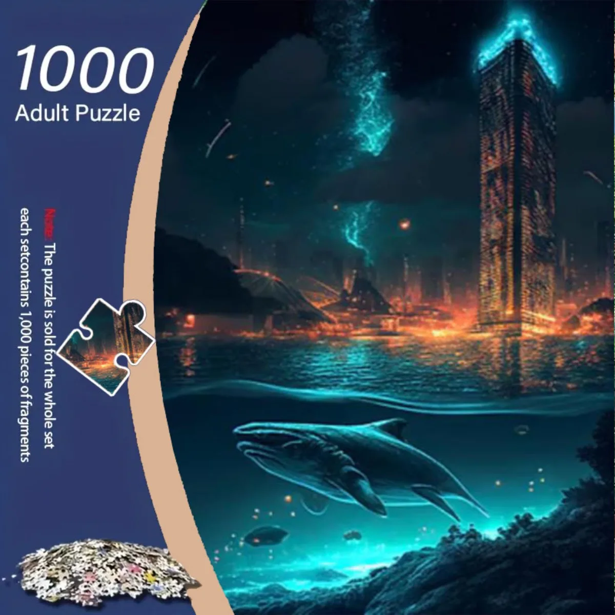 1000pcs Glow-in-the-Dark Jigsaw Puzzle Suitable for Adults - 5D Neon Night City & Glowing Whale Ocean Scene with -Activated Pi