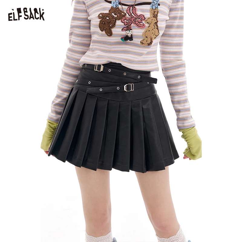 

ELFSACK 2025 Spring New Arrivals Faux PU Leather Pleated Women's Skirt Y2K High Waist Sexy Mini Skirts Female