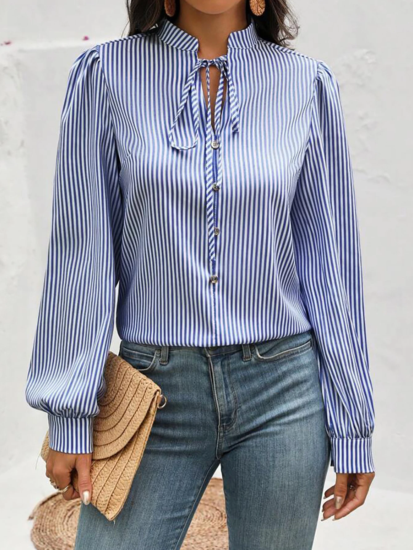 Herbst frauen Shirts Koreanische Casual Streifen Langarm Stehkragen Einreiher Täglichen Shirts