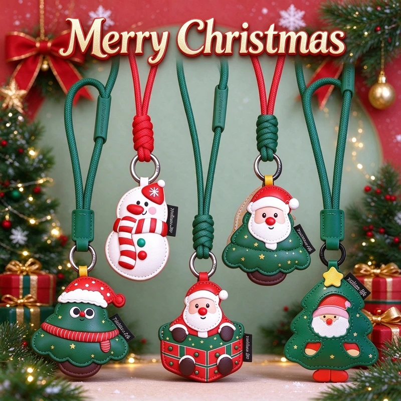Cute Christmas Leather Keyring Santa Snowman Tree Pendant, Car Keychain Backpack Bag Charm, Xmas Holiday Gift for Kids Friends