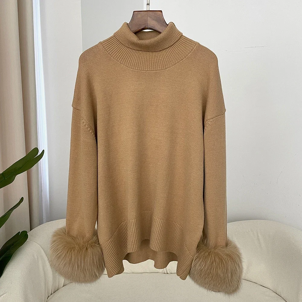 2024 Sweater Women Autumn Natural Fur Knitwear Pull Femme Real Fox Fur Coat Winter New Fashion Sleeves Slim Fit Sweaters Vintage