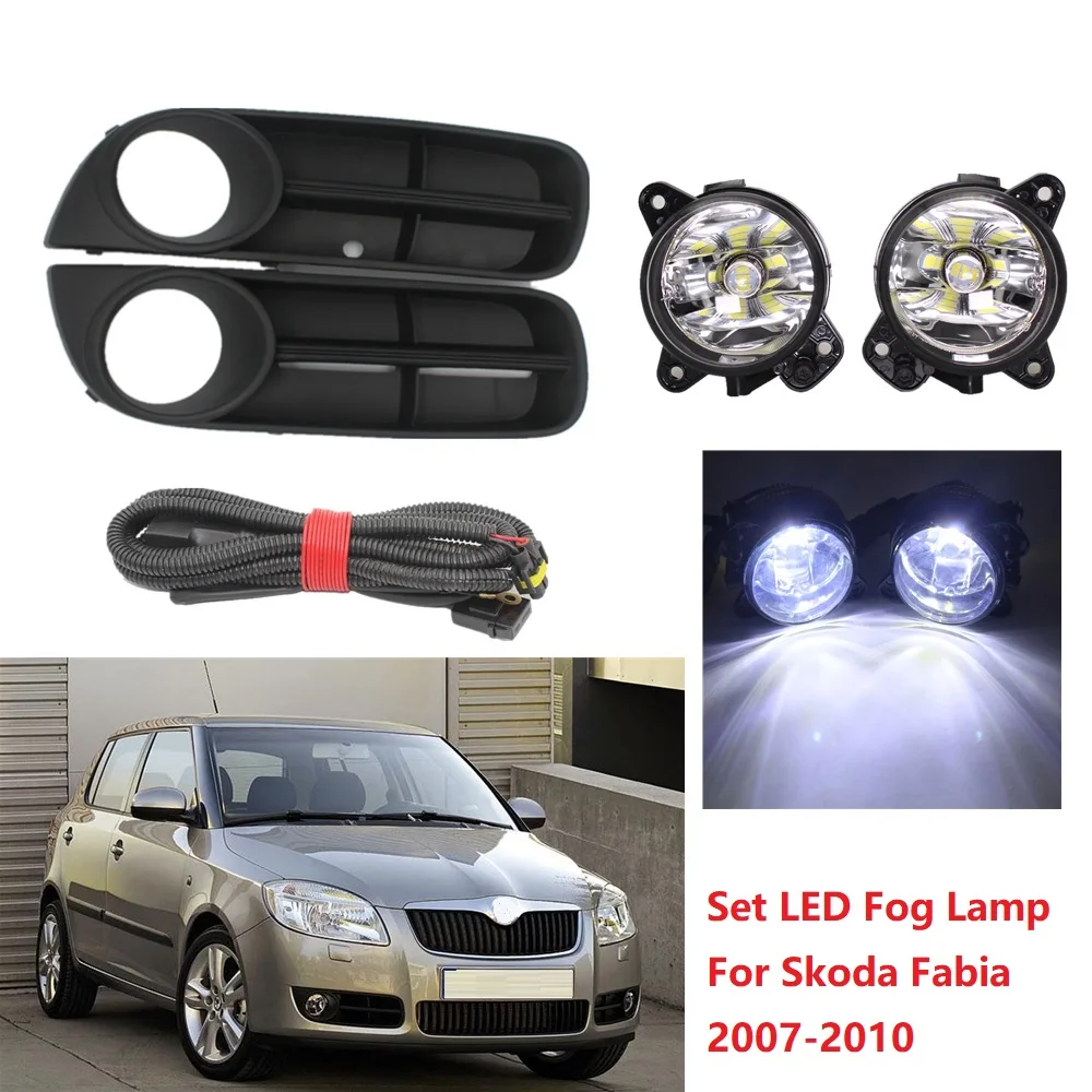 Zestaw przednich świateł przeciwmgielnych LED z osłoną i wiązką przewodów do Skoda Fabia MK2 2007 2008 2009 2010 i Roomster 2006 2007 2008 2009 2010