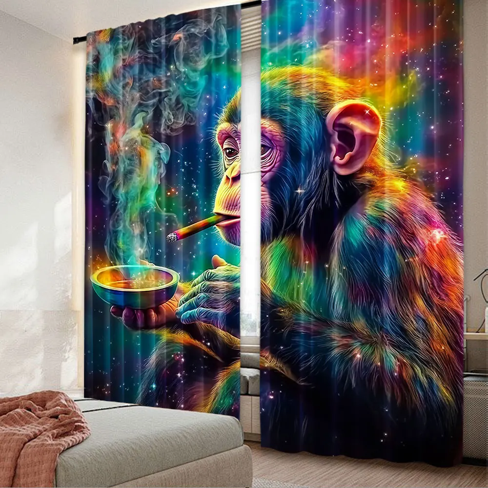 2Pcs Colorful Smoking Monkey Curtains Suitable For Living Room Dining Room Bedroom Bathroom Office University Accommodation