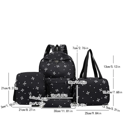 Imagen 2 del producto Conjunto de mochila con estampado de lazo de 4 piezas para mujer, bolso cruzado, bolso y estuche para lápices, paquete escolar ligero con múltiples bolsillos