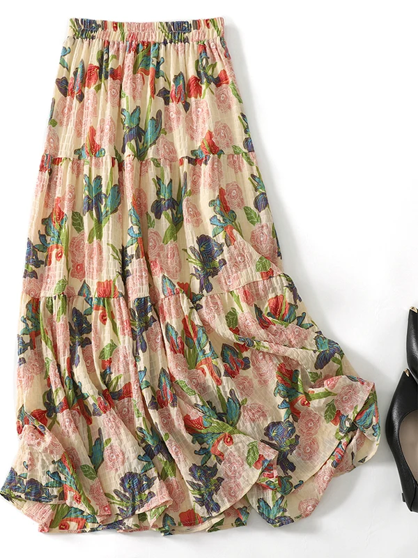 

Retro Floral Print ter Ne Dr Women's Summer Faion High Waist A-Line Skirt Gentle Forest System Long Dr