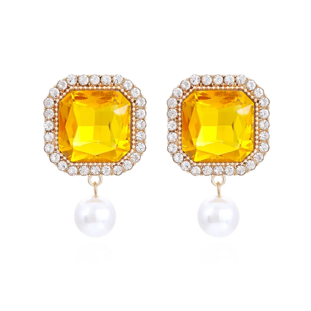 Light luxury super flash square color crystal earrings, personalized simplicity and advanced sense, rhinestone pearl earrings fo