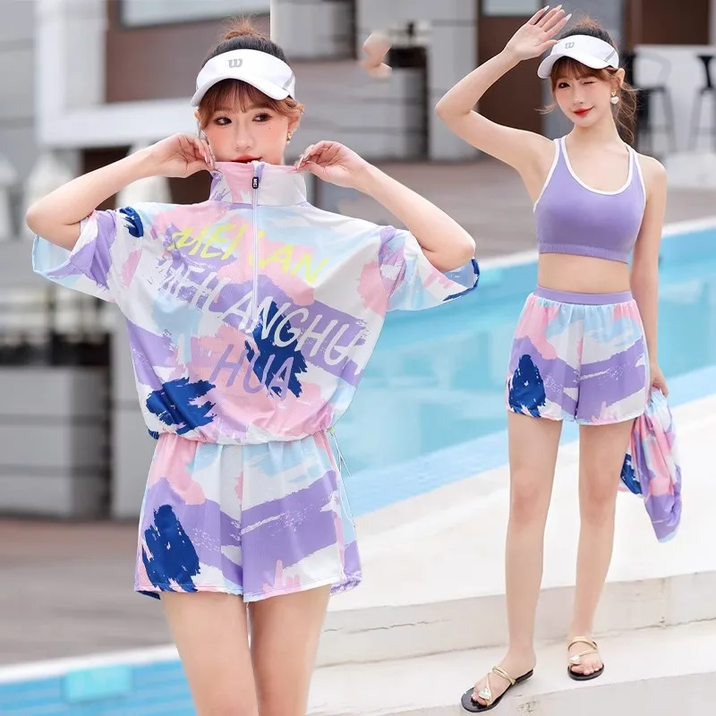 

Conservative Women's Swimsuit Tee-Piece Set ort Sve Flat Angle Pants Student Sports Sle Girl Belly Cover Slimming Co...