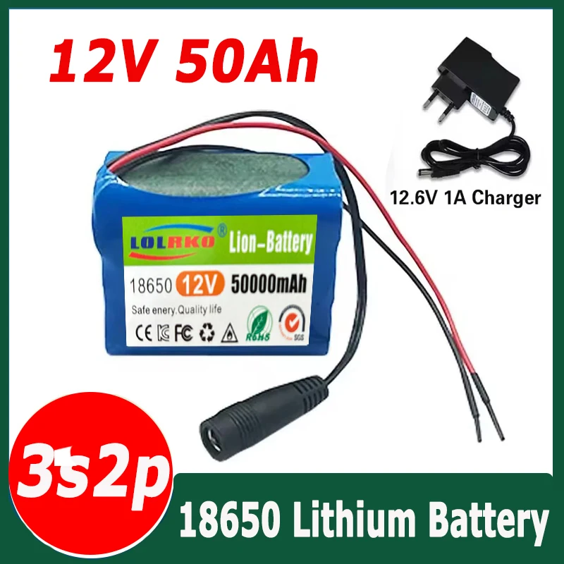 12V 50000mAh Rechargeable Lithium Ion Battery Pack 3S2P with BMS Protection for LED Strip Light Toy Car Security System