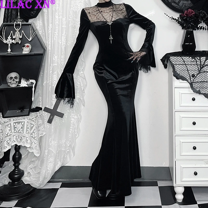 

Y2K Goth Black Spider Web Lace See Through Bodycon Long Dresses Sexy Vintage Elegant Velvet Flared Sleeve Party Dresses Vestido