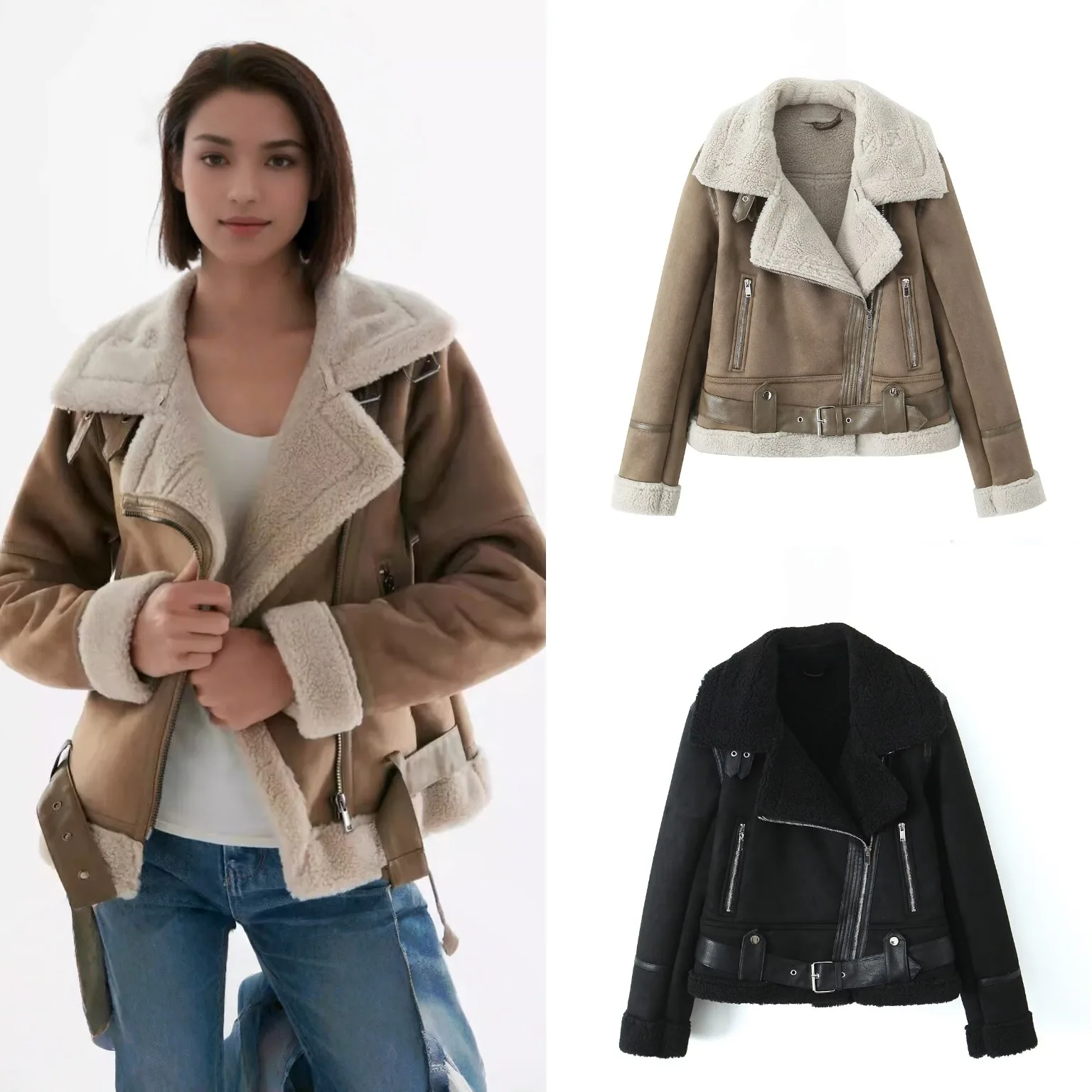 

Зимняя женская двусторонняя меховая интегрированная утолщенная ветрозащитная мотоциклетная куртка Кожаная куртка Утолщенное пальто на флисовой подкладке