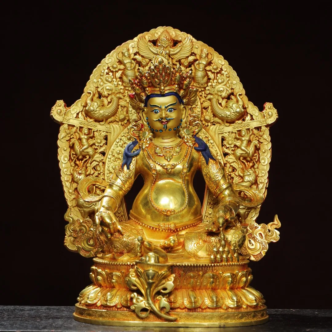 

13"Tibetan Temple Collection Old Bronze Gilded Painted Face Cinnabar Yellow Jambhala Lotus Sitting Buddha Backlight Worship Hall