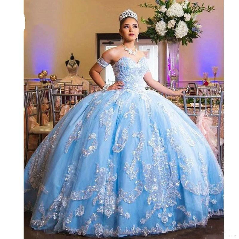 

New Sky Blue Quinceanera Dress Strapless Floor-Length Ball Gown Lace Applique Tiered Pornos De 15 Años Prom Party Vestidos 2023