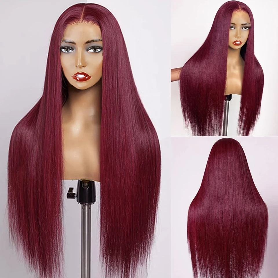 99j Burgundy Straight Lace Front Wigs Human Hair Red Colored 180% Density 13X4 HD Lace Front Human Hair Wigs 30inch