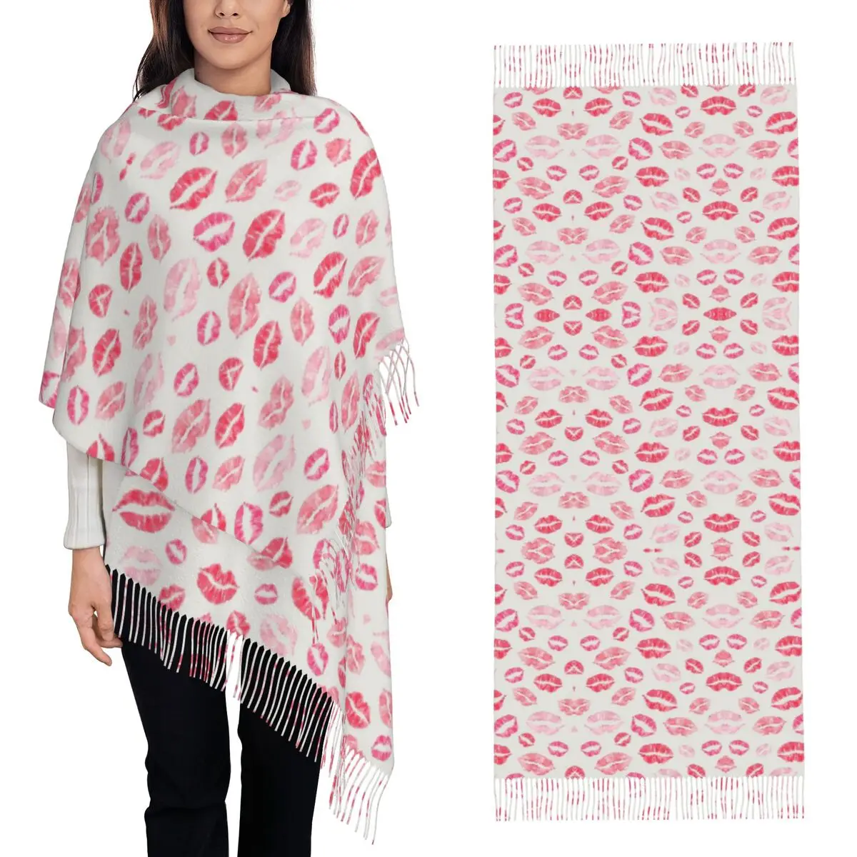 Cute Pink Boho Lip Print Pattern Scarf Tassel Scarves Women Soft Warm Shawls and Wraps Large Fall Winter Shawl Wrap