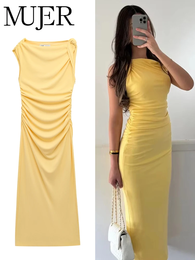 MUJER Drapierte Maxikleider für Damen, gelbes ärmelloses Maxikleid für Damen, asymmetrisches langes Kleid für Damen, Sommerparty, Damenkleider