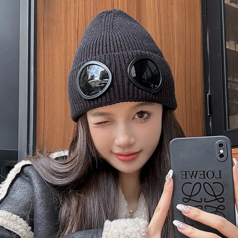 New knitted goggles hat Windproof warm woolen hats for men and women in autumn and winter