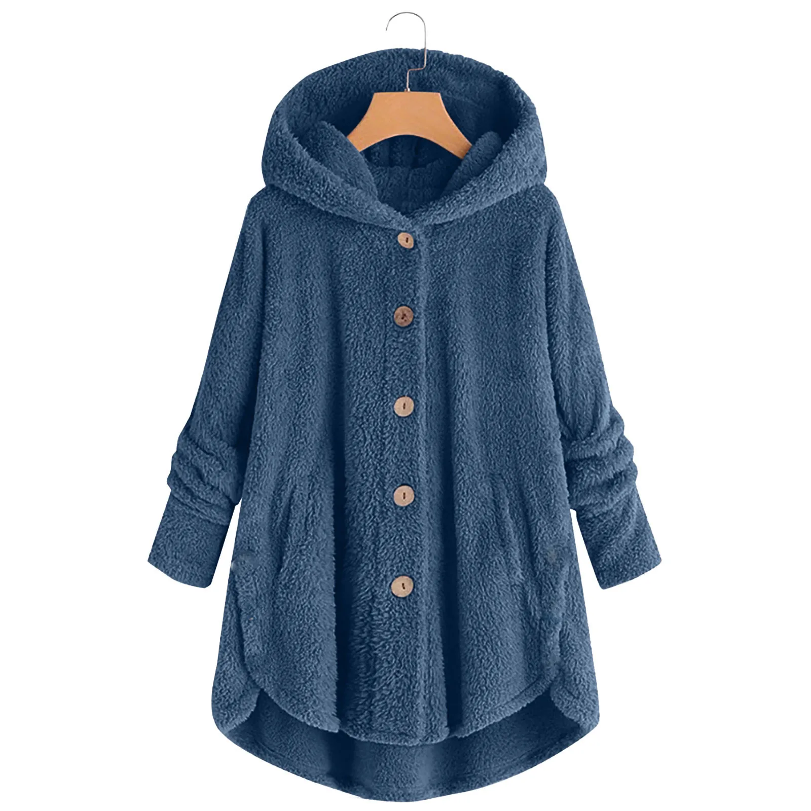 

Women Autumn Winter Casual Solid Color Coat Side Slit Hooded Fleece Button Cardigan Jacket With Pockets Home Wear Jacket