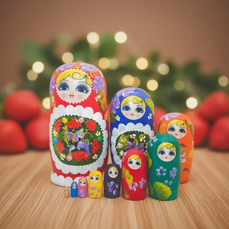 

Деревянные русские матрешки с 10 слоями клубничной тематики для малышей, складывание игровых навыков, 15UB
