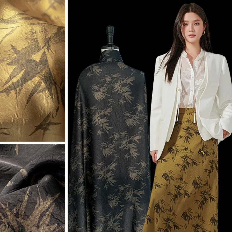 Imitation Acetate Bamboo Leaf Antique Copper Black Gold Silk Fabric Chinese Style Vertical Shirt Skirt and Pants Clothing Fabric