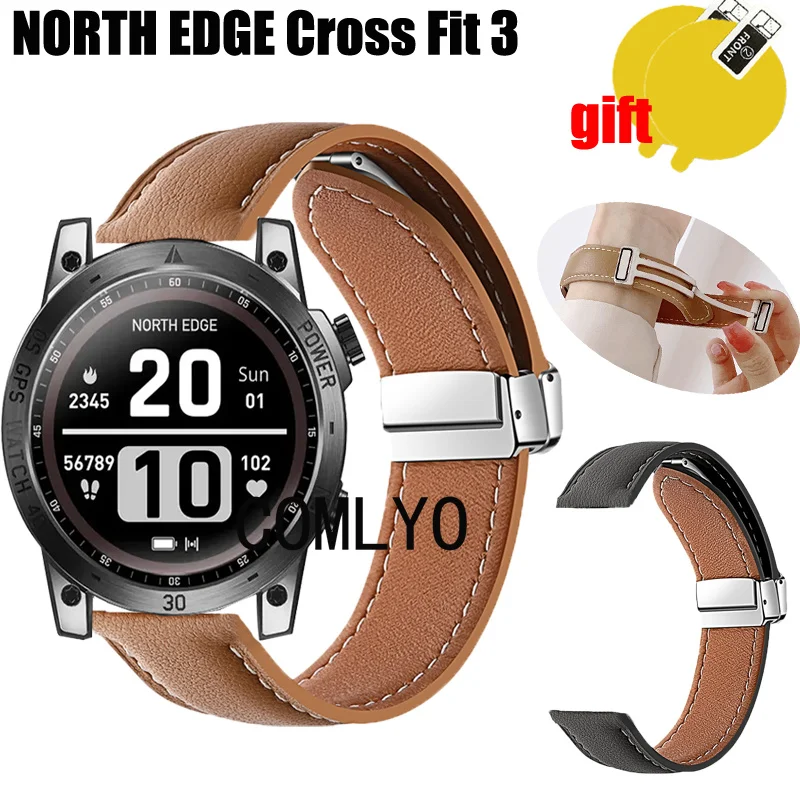 For NORTH EDGE Cross Fit 3 Strap Leather Genuine Folding Magnetic Buckle Soft Smart Watch men Band Screen protector film