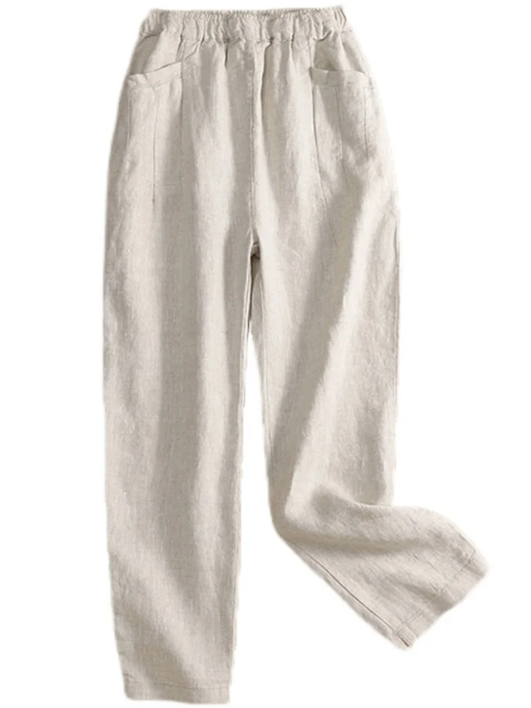 Pantaloni casual da donna in cotone e lino a nove pezzi Pantaloni Harem slim fit Vita alta Modello sottile ket Dettagli Pendolarismo Sle Summer C...