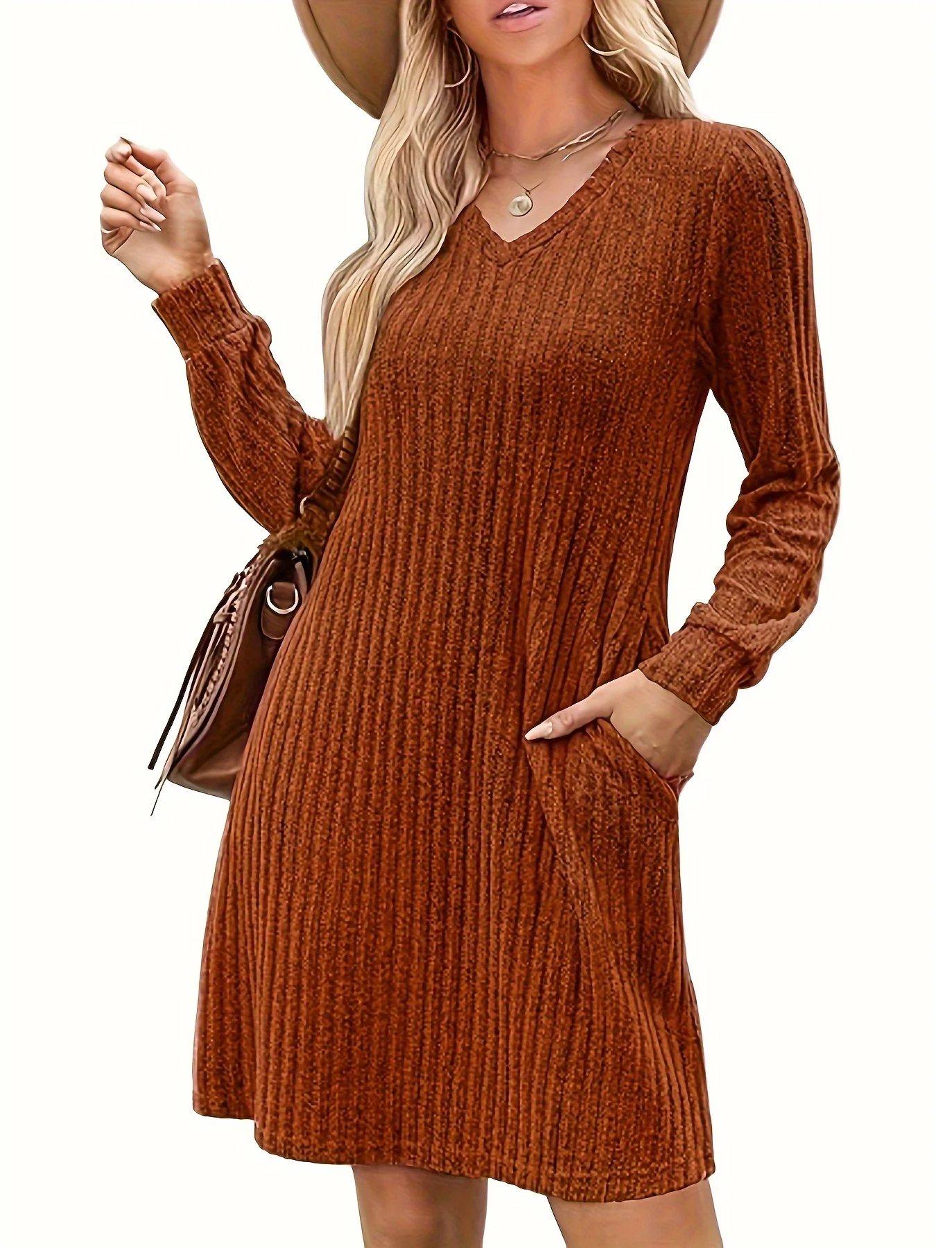 

Fashion Women's Knitted Long Sleeve Fall/Winter Round Neck Casual Tunic Dress