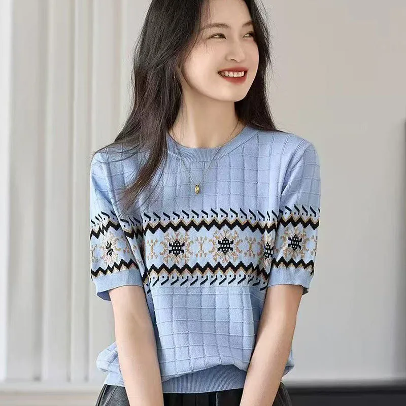 

Summer Geometric Jacquard Short Sleeve Contrast Knitted T-shirt Women Fashion Y2k Chic O-neck Commute Tops