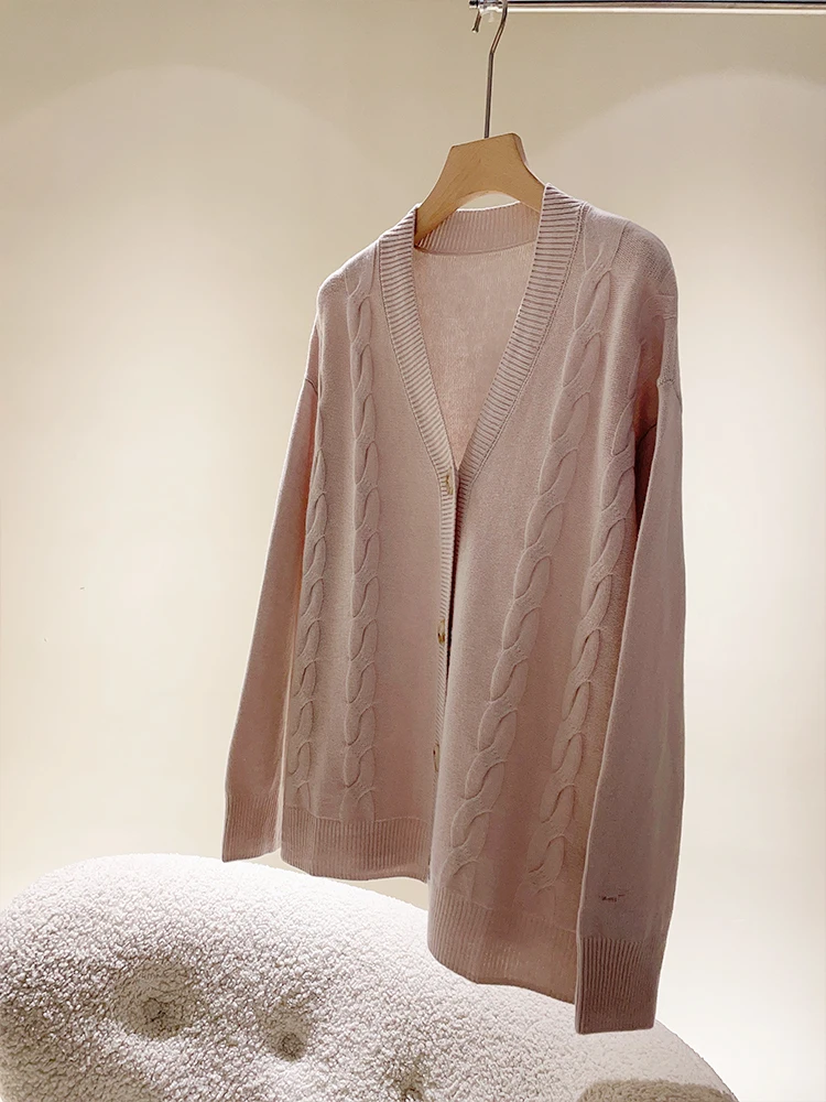 

Annmon Soft Aosphere Conception Camere Шерстяной вязаный свитер Кардиган с декоративным закрученным цветочным дизайном Long Sve V-Ne