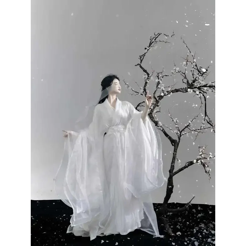 

CyNew Hanfu Spring/Summer Collection, Snowy Plum Embroidered Big Sleeve Shirt, Double Layered Cross Neck Long Shirt, Straight