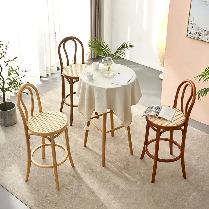 Base Furniture Height Wooden Woven Dining Outdoor Roop Rattan Garden Counter Designer High Kitchen  Stool Bar Chair