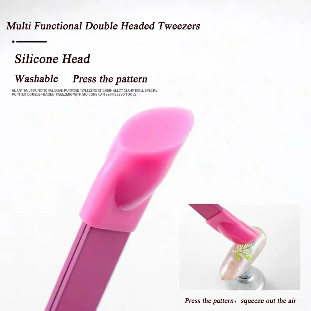 Makeup Tool DoubleSlant Tip Headed Tweezers Stainless Steel Black/Pink Silicone Press Head For Nail Stickers Eyelashes Tweezers