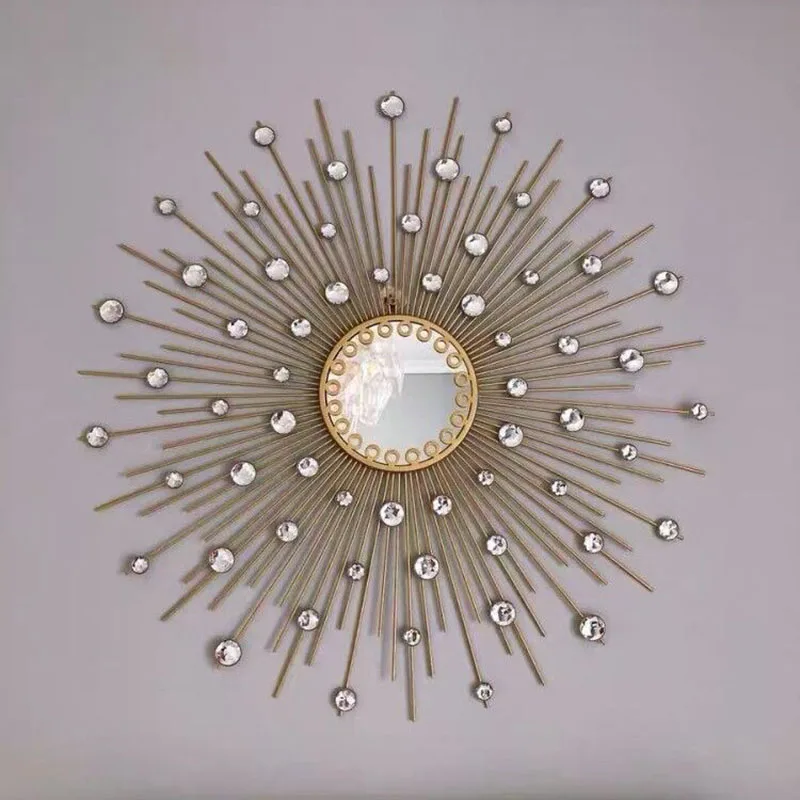 

European Diamond Sunflower Mirror Wrought Iron Wall Decoration Items Home Background Wall Sticker Bathroom Wall Accessories Art