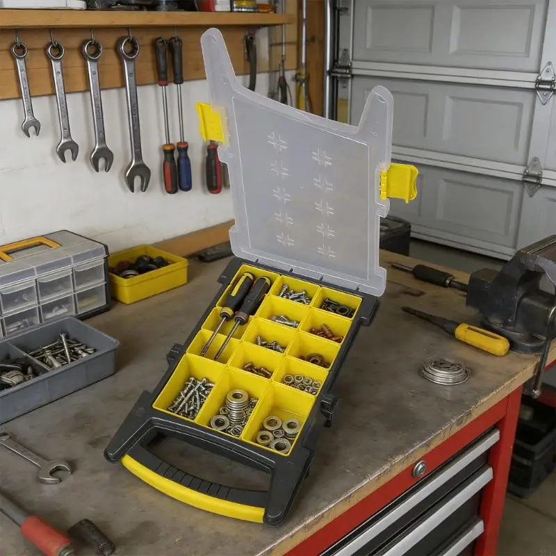 

Прочный пластиковый ящик для инструментов с 14 отделениями и прозрачной крышкой для организованного хранения инструментов и 37JD