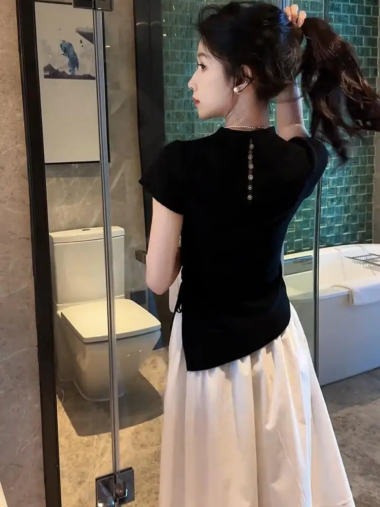 

Elegant Ice Silk Wool Knitted Top Women's Short Sleeve Design Slimming Waistline Fashionable Versatile Summer New Arrival