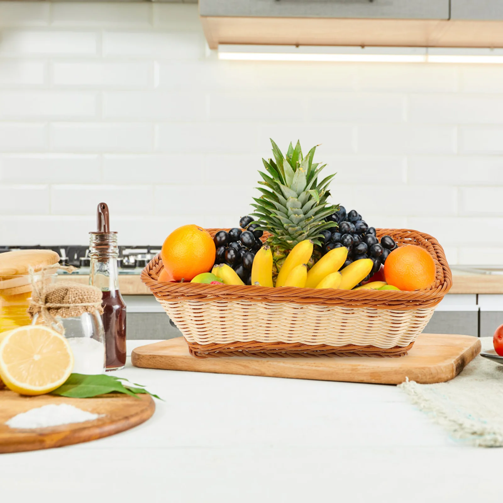 

Woven Fruit Basket PVC Storage Bread Serving Tray for Home Kitchen Decorative Snack Holder Woven Basket