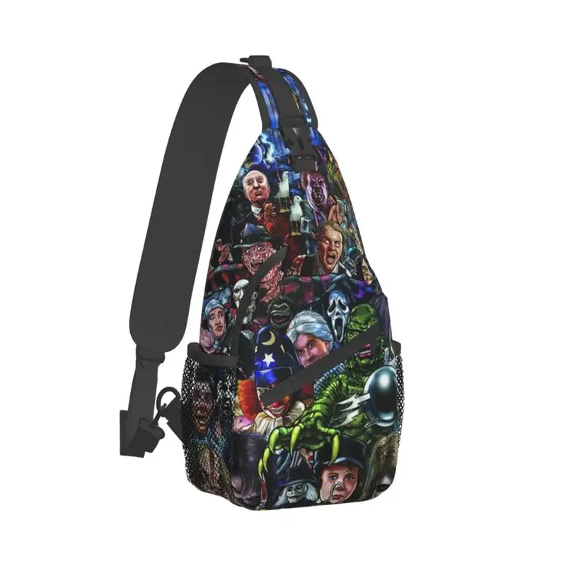 Bolsa de peito crossbody para caminhadas, bolsa de ombro masculina de Halloween, colagem de personagens de filmes de terror