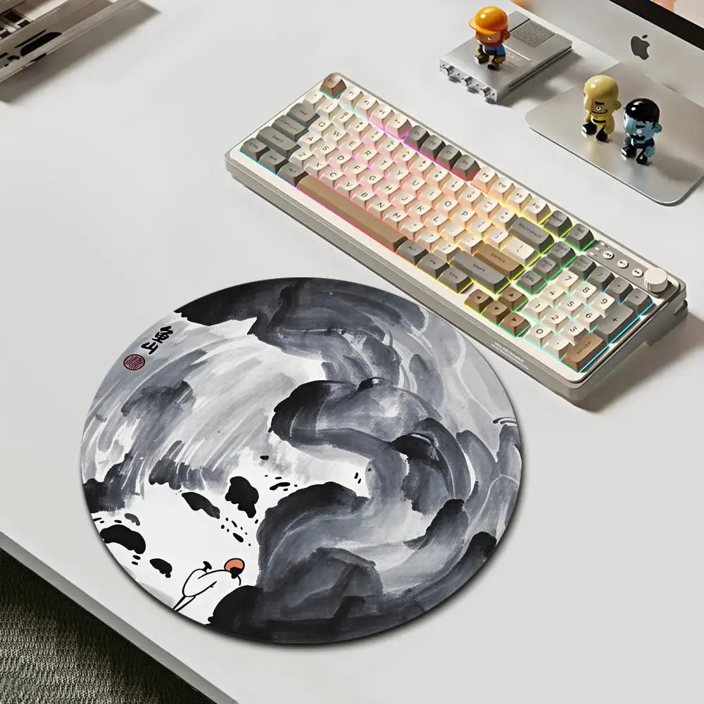 Vintage Ink Painting Round Mousepad, Black White Mountain River Solitary Man Scenery Non Slip Mouse Mat, Oriental Desk Pad