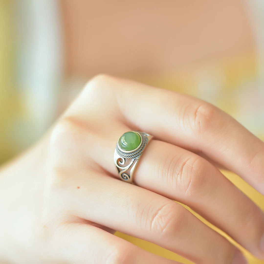 

S925 Silver and Hetian Jade Retro Green Ring