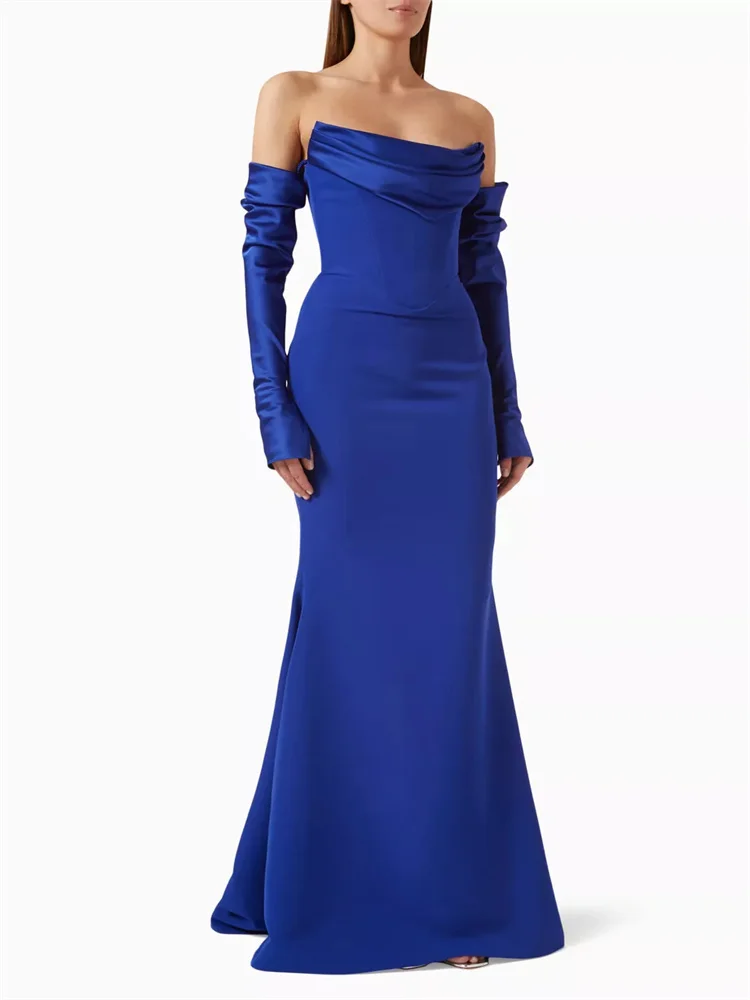 

Hot Selling Off Shoulder Ruched Neckline Satin Detachable Sleeves Evening Dress Elegant Back Zipper Floor Length Gown For Women