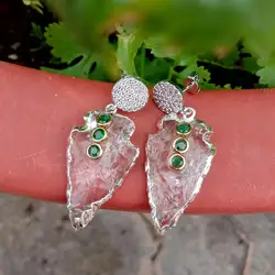 KKGEM  18x30mm Raw Crystal Quartz Rough Arrow Head Shape Cz Pave Drop Stud Earrings Metal Plated For Women Vintage Jewelry