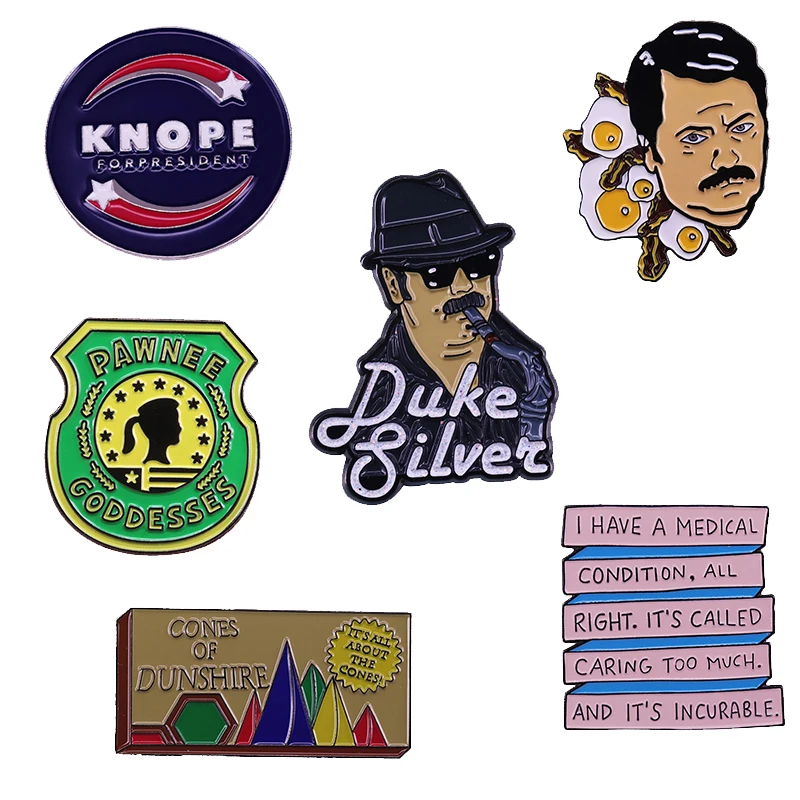 Parks and Recreation Pawnee Goddesses Enamel Pin Knope for President Cones Board Game Badge Ron Swanson Duke\'s Jazz Brooch