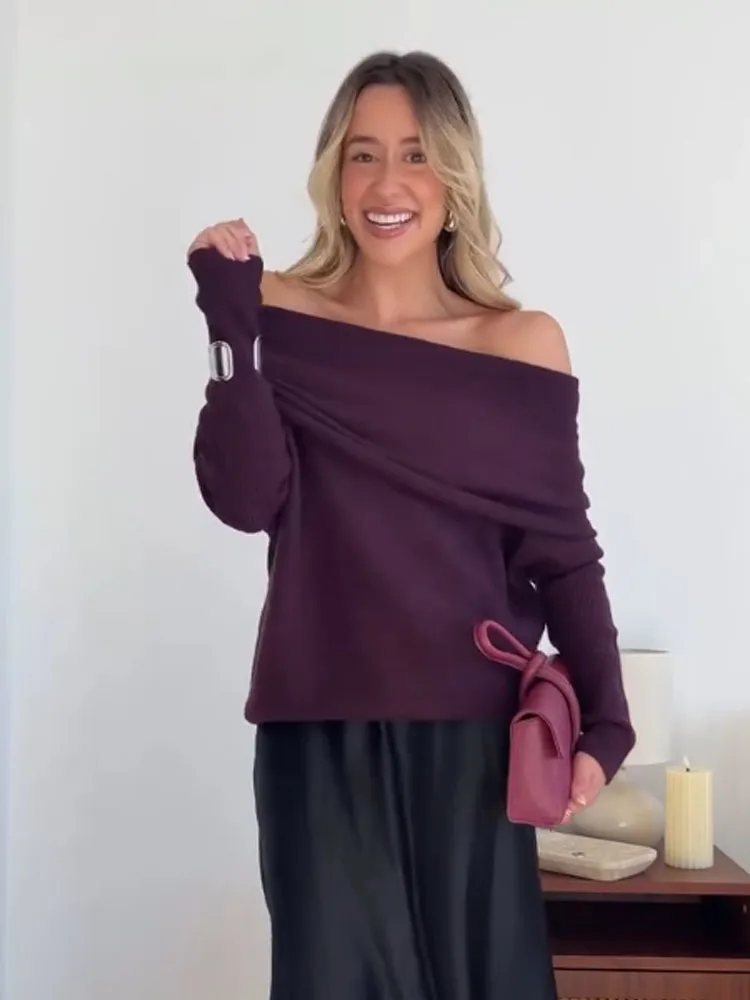 

HH Woman Spring Fashion Versatile Long Sleeves Off The Shoulders Elegant Knitted Pullover Female Casual Keep Warm Knitted Tops