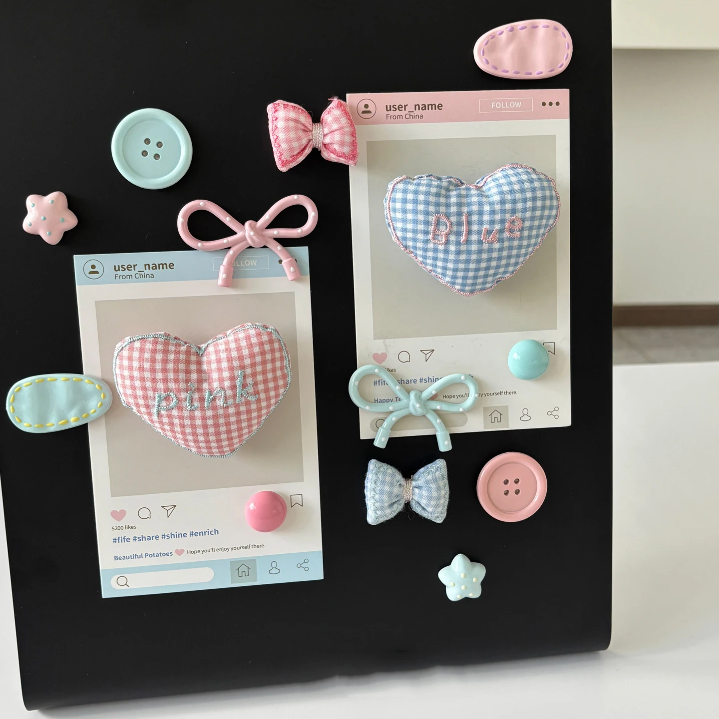 Korean ins pink blue magnetic refrigerator sticker fabric heart decoration cream pink whiteboard iron cabinet hole board
